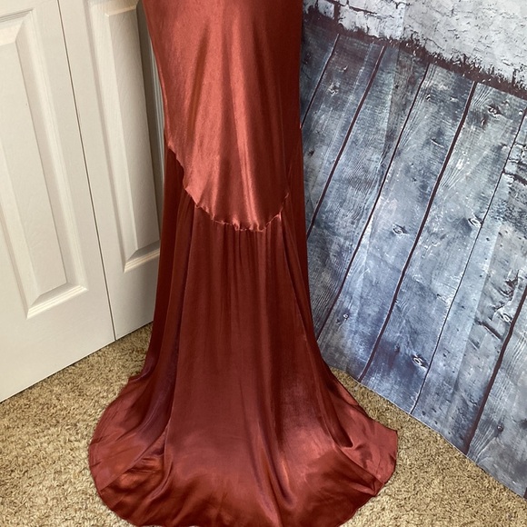If By The Sea NWT Anthropologie Maxi Dress Button Back Train Detail Copper Sz S - Picture 5 of 16